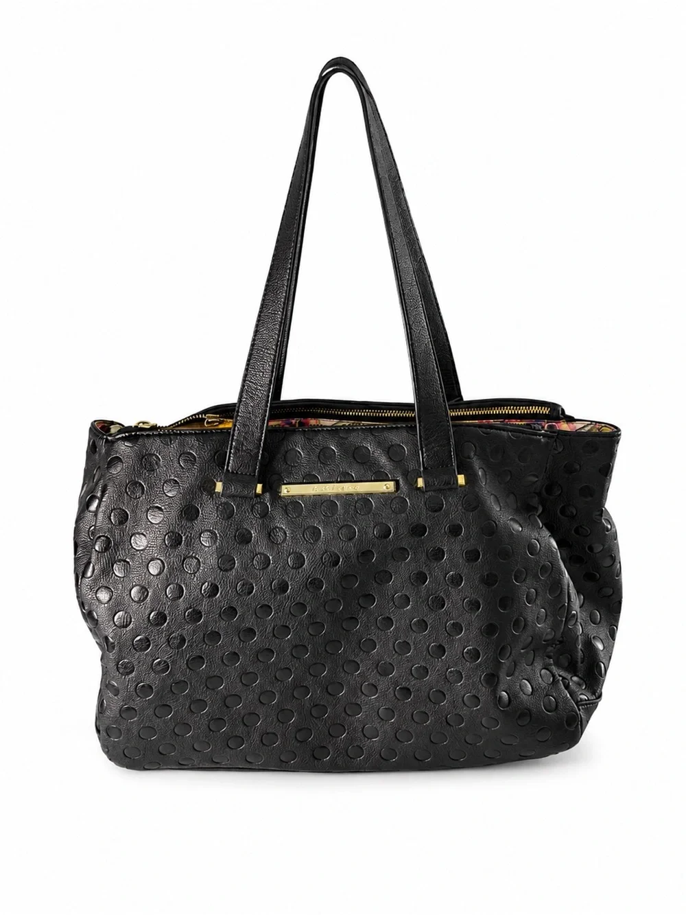 Betsey Johnson Black Embossed Polka Dot Tote Bag Large Shoulder Purse